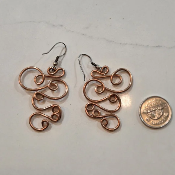 Handmade Pure Copper Boho Swirl Dangle Earrings / Artisan Wire Jewelry - Picture 4 of 4